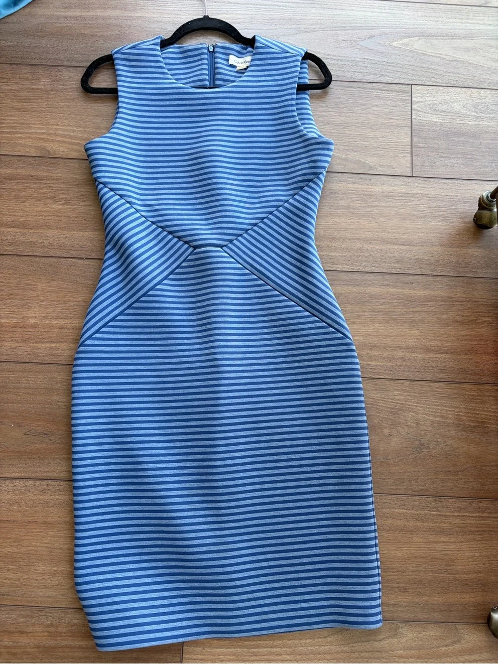 Calvin Klein Blue Striped Sleeveless Midi Sheath Dress